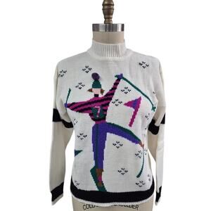 VTG 80s 90s Y2K Spice It Up 100% Acrylic Sweater White Colorful Skier Women L